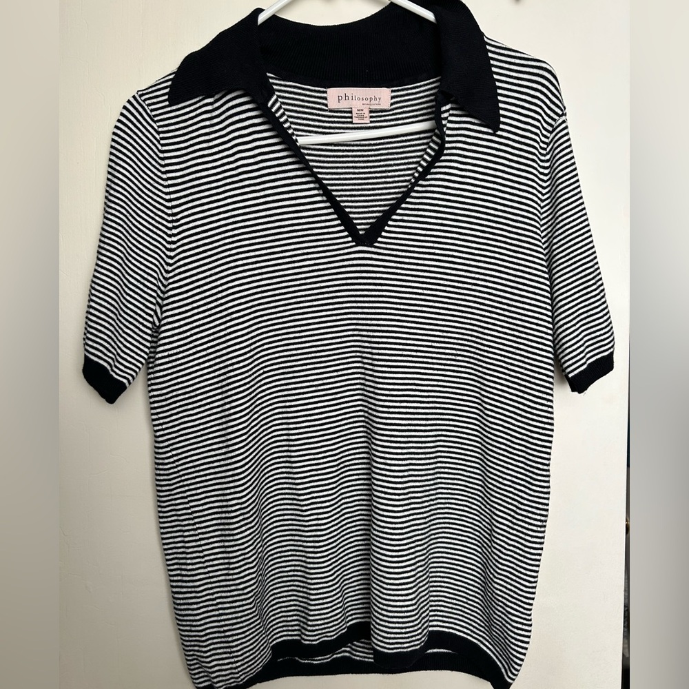 Philosophy Black and White Striped Knit Polo
